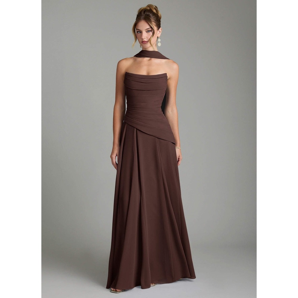Azazie Gabriela Ganache A-Line Corset Chiffon Dress 16 Ganache Brown New W Tags